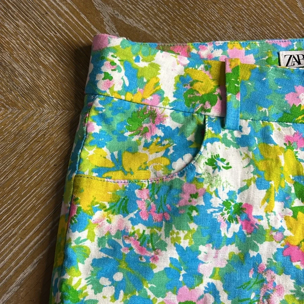 ZARA Blue Floral Linen Blend Mini Flare Cropped Trouser Pant 4
